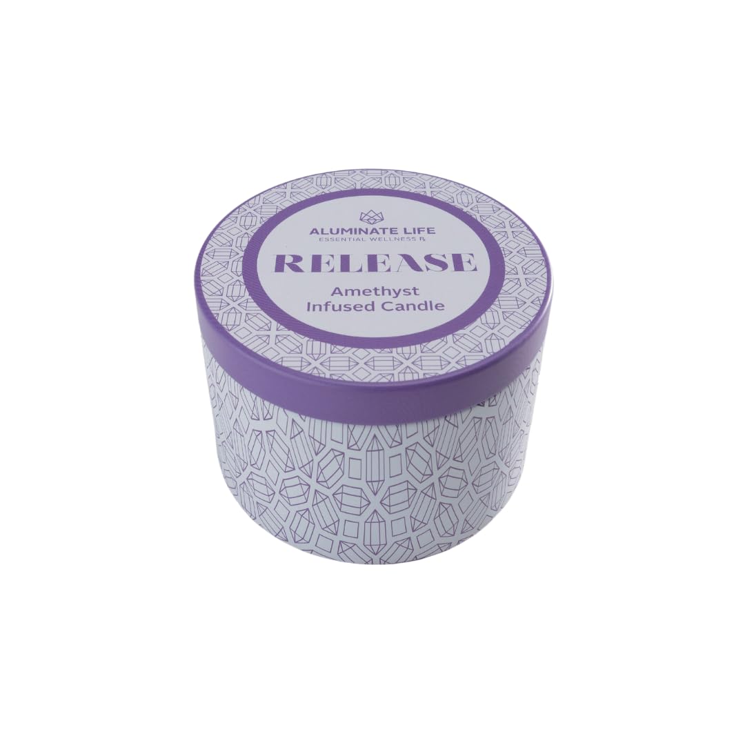 ALUMINATE LIFE – Release Crystal-Infused Scented Candle with Healing Amethyst & Lavender Essential Oils, Hand-Poured Premium Coconut Wax, Luxury Gift, 6 oz