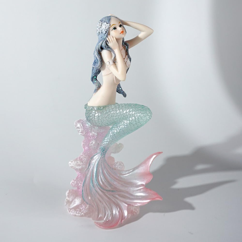 Rayberro Crystal Mermaid Figurines 7.28" Clear Resin Mermaid Sculpture Mediterranean Princess Ornaments Home Office Desktop Bookshelf Mermaid Collectible Figurines Crafts Fish Tank Aquarium Decoration