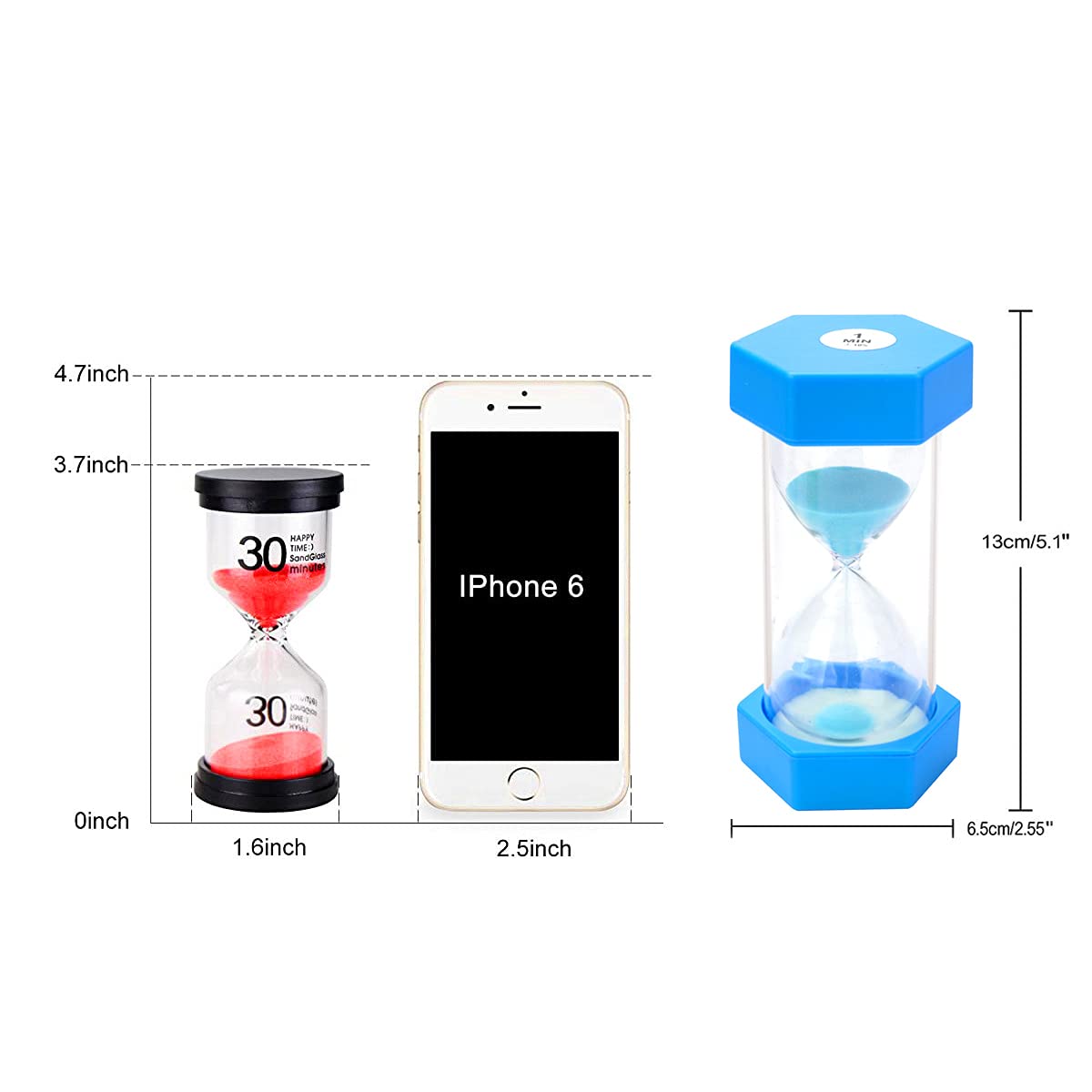 Large Sand Timer, Hourglass Timers Colorful Sandglass Timer 1 min/2 min/3 min/5 min/10 min/15 min Kids Timers Visual Sand Clock Timer for Games Classroom Home Office Kitchen Teeth Brushing (Pack of 6)