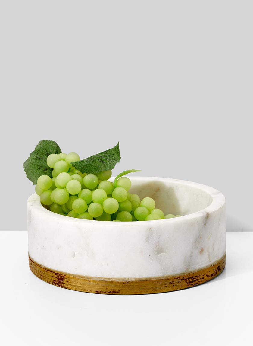 Serene Spaces White Marble Bowl with Brass Ring - Decorative Multi-Purpose Centerpiece and Fruit Bowl - Medium Size, 2" Tall x 6" Diameter