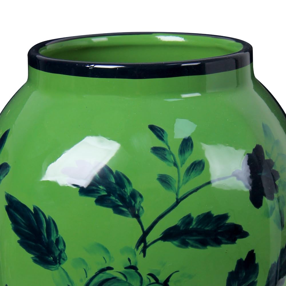 Andaliz Green Floral Ceramic Vase with Black Pattern, Hand-Painted Oriental Vase for Home Decor, 9.4 Inch Table Centerpiece, Modern Chinoiserie Vase