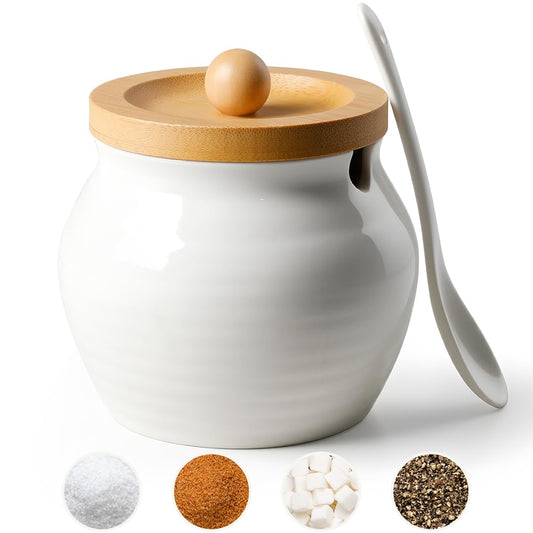AISBUGUR Sugar Bowl with Lid and Spoon: 13oz Sugar Jar with Bamboo Lid,Ceramic Sugar Container for Coffee Bar - Countertop,Kitchen Decor (White)