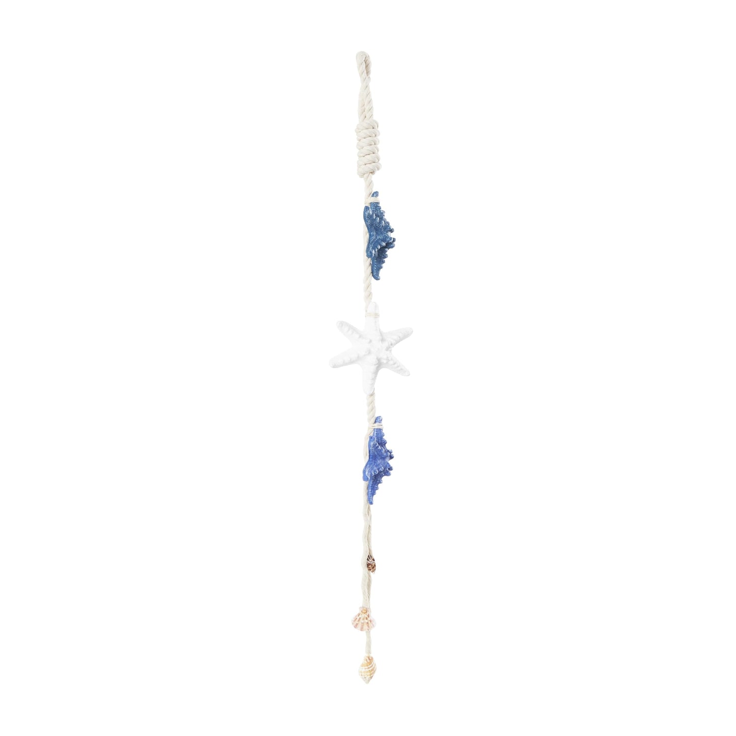 Deco 79 Resin Starfish Handmade Home Wall Decor Layered Wall Sculpture with White Hanging Rope and Seashell Accents, Wall Art 5" x 2" x 34", Cream