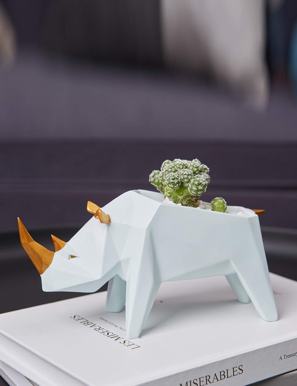 HAUCOZE Rhino Statue Planter Succulent Pot Modern Animal Sculpture Home Decor Gift for Living Room Office 7.1 Inch