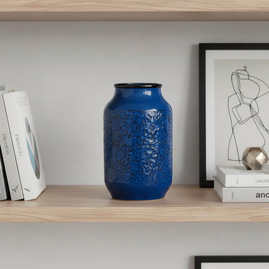 Wancetang Blue Vase for Decor, 9 inch Ceramic Flower Vase, Modern Decorative Vases Home Decor, Bathroom Bedroom Office Living Room Shelf Decoration