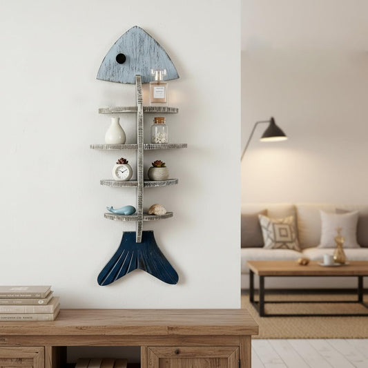 XYZWOMN Fish Bone Wall Decor Display Shelf, Mediterranean Style Wooden Coastal Wall Art, Rustic Nautical Marine Hanging Organizer for Beach House, Bedroom, Unique Ocean Theme Decoration