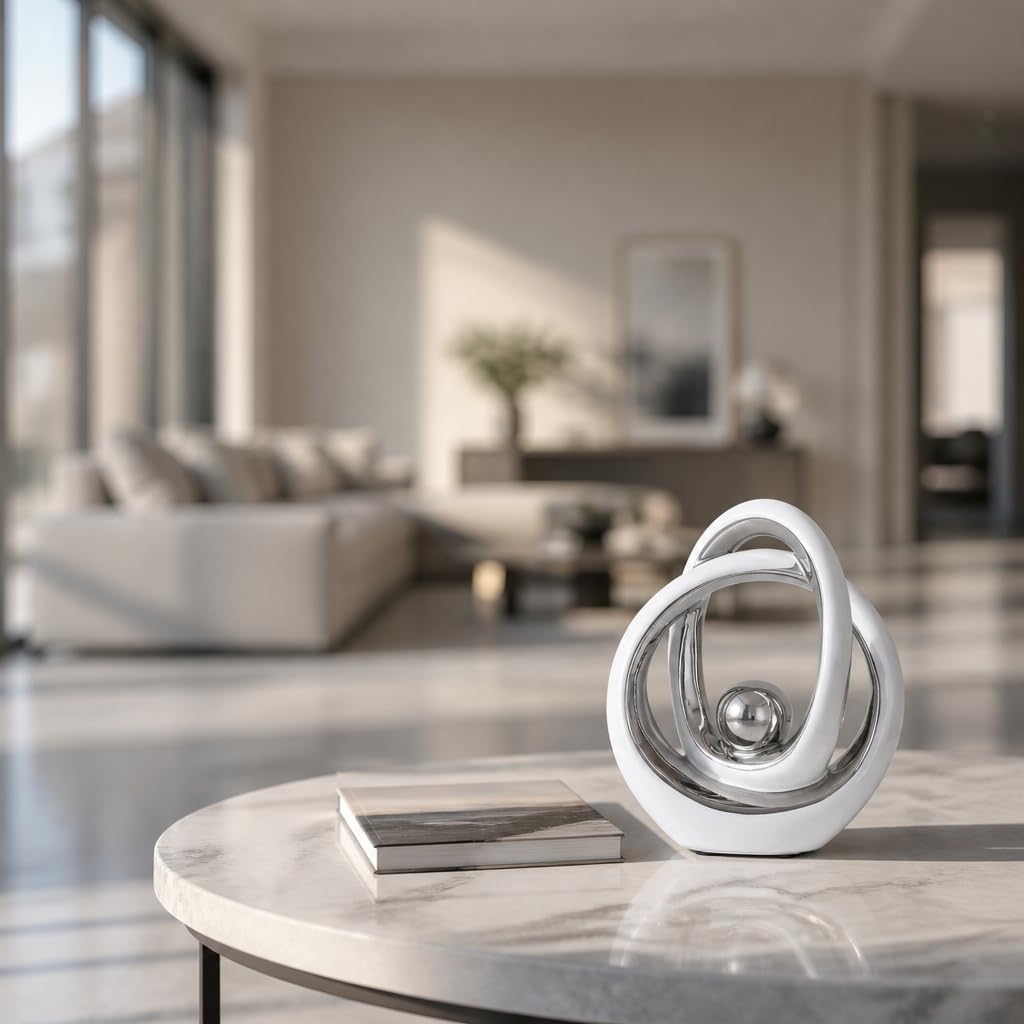 DOVDOV White and Silver Ceramic Abstract Sculpture, Modern Tabletop Statue for Living Room Decor, Decorative Accent for Coffee Table, TV Stand, Mantel, Entryway Console