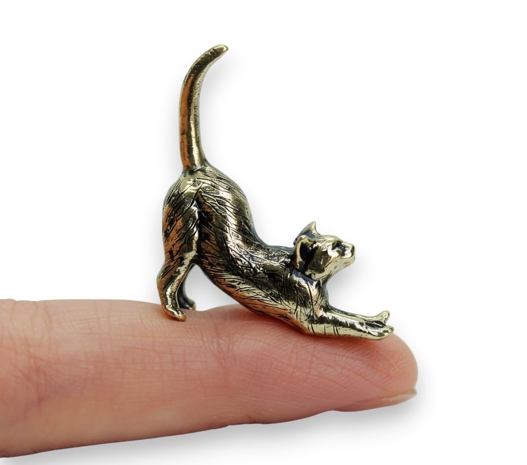 Stretching Cat Figurine Hand-Casted in Brass Small Kitten Miniature Collectible Gift for Cat Lovers Tiny Metal Decorative Trinket