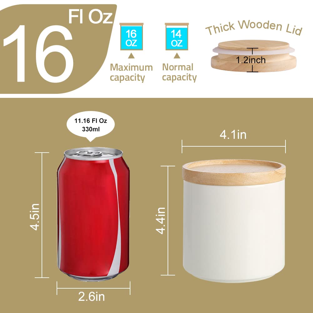 Sweejar Kitchen Canisters Ceramic Food Storage Jar, Stackable Containers with Airtight Seal Wooden Lid for Serving Ground Coffee, Tea, Sugar, Salt and More - 16 Fl Oz (White)