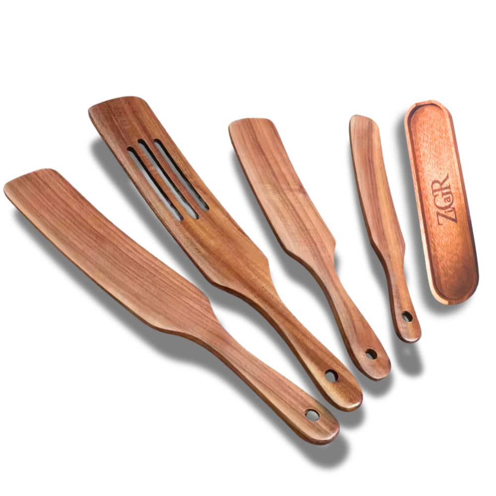 Wooden Spatula - 5Pcs Teak Wood Spurtle Utensils Set – Non Toxic Spatula - Spurdle with Rest - Heat-Resistant – Spurtle for Sourdough Starter - Mixing, Cooking, Serving Spoon- NonStick - A Gift