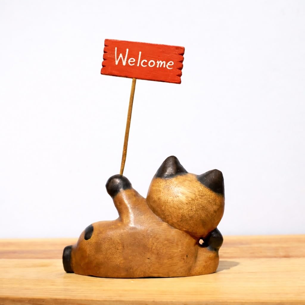 AHZGBL Wooden Cat Figurine, Hand Carved Solid Wood Cat Statue from Thailand, Handcrafted Home Decor for Living Rooms, Restaurants, Bars, Cafes, Whimsical Collectibles for Cat Lovers (Welcome Cat)
