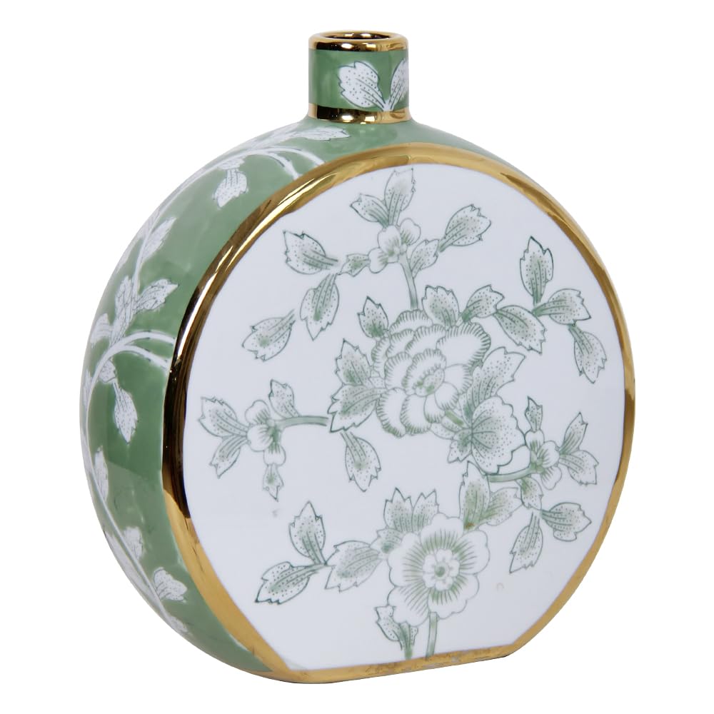 Andaliz Dual-Sided Floral Ceramic Vase with Gold Trim, Compact Chinoiserie Hand-Painted Vase for Home Decor, 10.2 Inch Decorative Vase for Tabletop, Shelf Display
