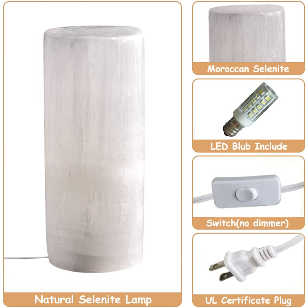 JIC Gem Natural Selenite Crystal Lamp Large Moroccan White Column 8" 4-6 LBS