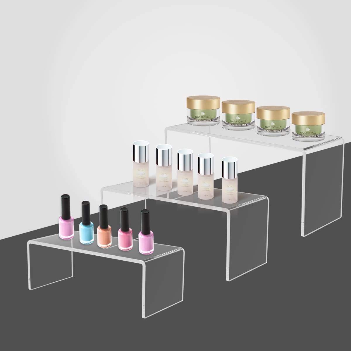 ADColor 6 Pack Acrylic Display Risers, 3 Sizes Clear Product Stand, Jewelry Display Riser Shelf Showcase Fixtures For Collectibles Display, Toy Figure Display - 2 Sets (8.4" to 10")