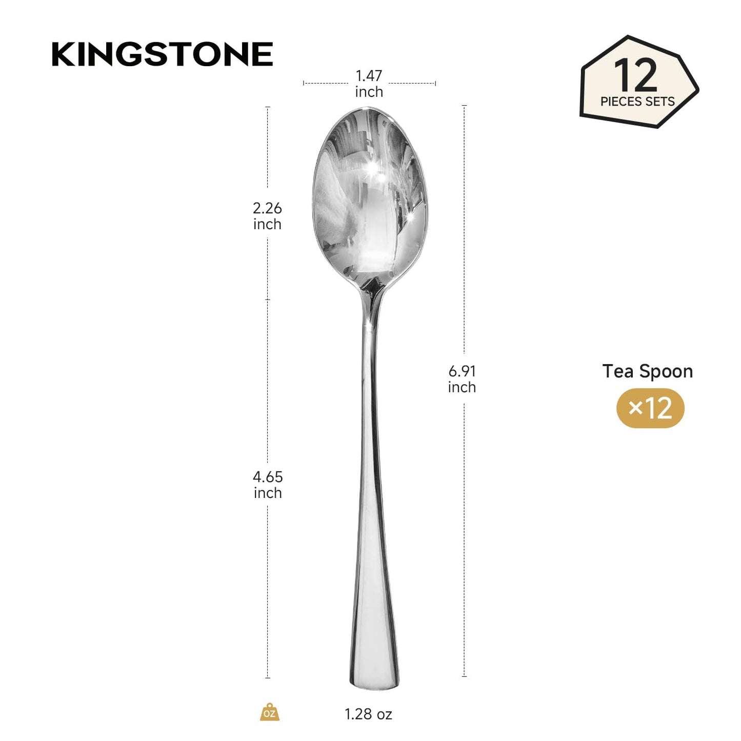 KINGSTONE 12-Piece Teaspoons & Dessert Spoons, 18/10 Stainless Steel Metal Spoons, Mirror Polished, Dishwasher Safe, 6.86-inch, for Home, Cafes, Weddings, Parties, Restaurant & Gift