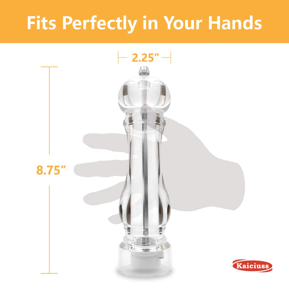 Kaiciuss salt and pepper grinder mill set refillable large,the best transparent acrylic grinders for whole peppercorn and himalayan salt