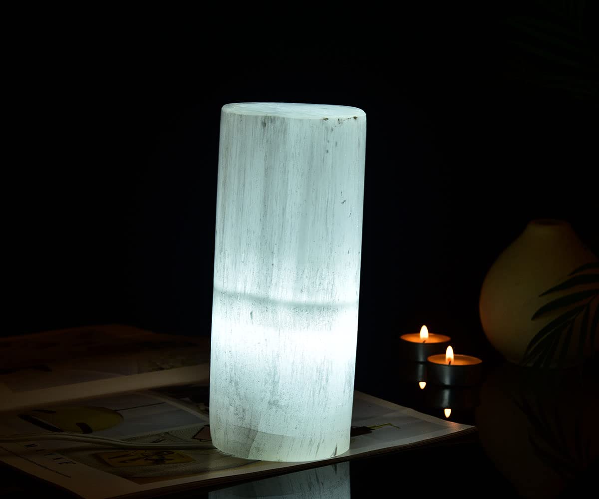 JIC Gem Natural Selenite Crystal Lamp Large Moroccan White Column 8" 4-6 LBS