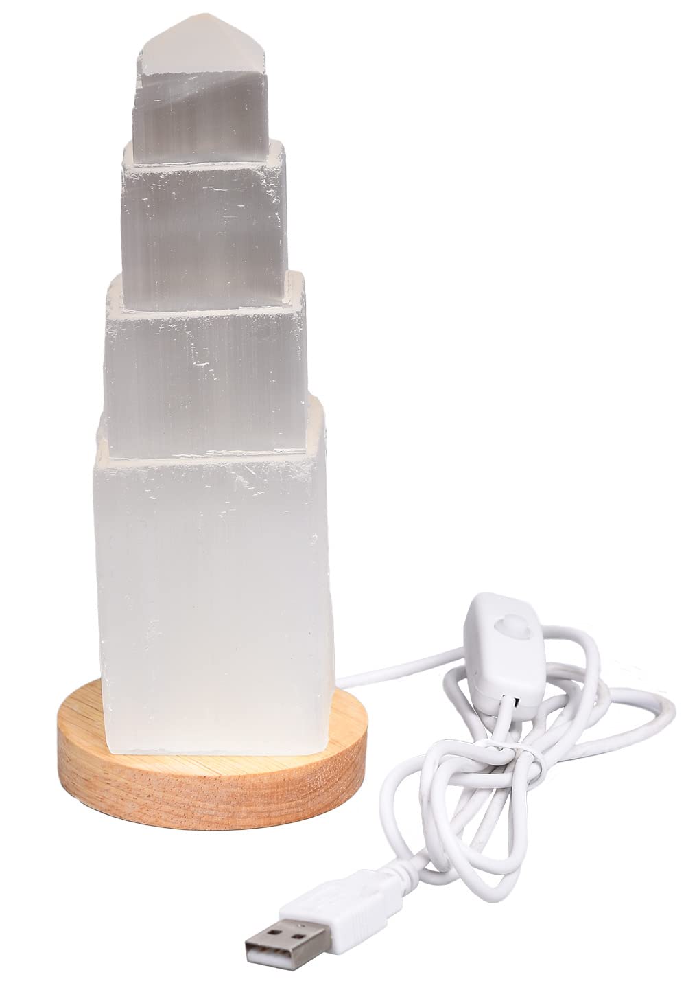 JIC Gem USB Selenite Tower Lamp Natural Selenite Skyscraper Healing Crystal Lamp 6 Inch with Wooden Light Stand Base