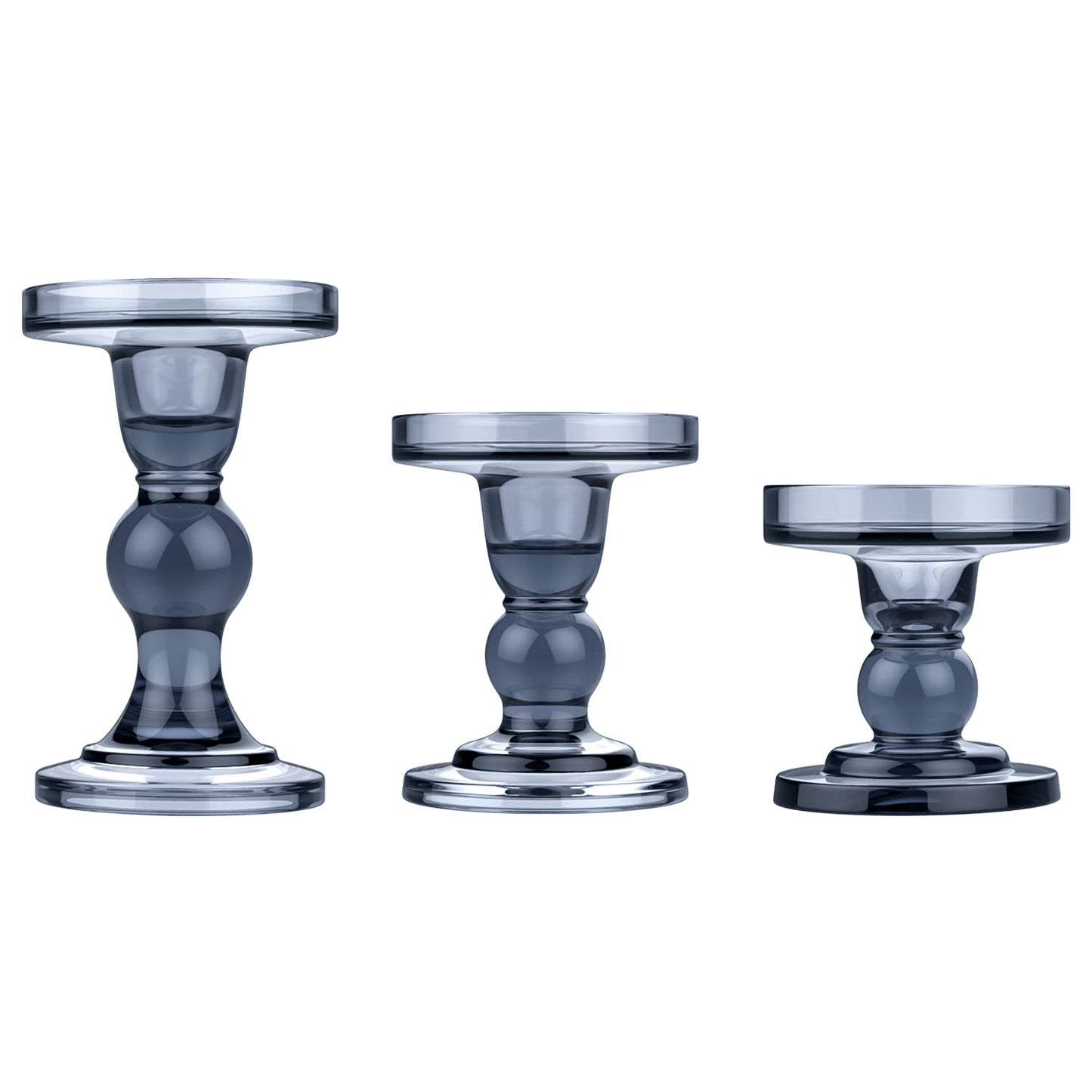 Lewondr Glass Candle Holders, 3 Pieces Crystal Clear Candlesticks with Elegant Design for Pillar Taper Candle and Tea Light, Home Table Living Room Wedding Party Decorations Home Décor - Smoky Blue