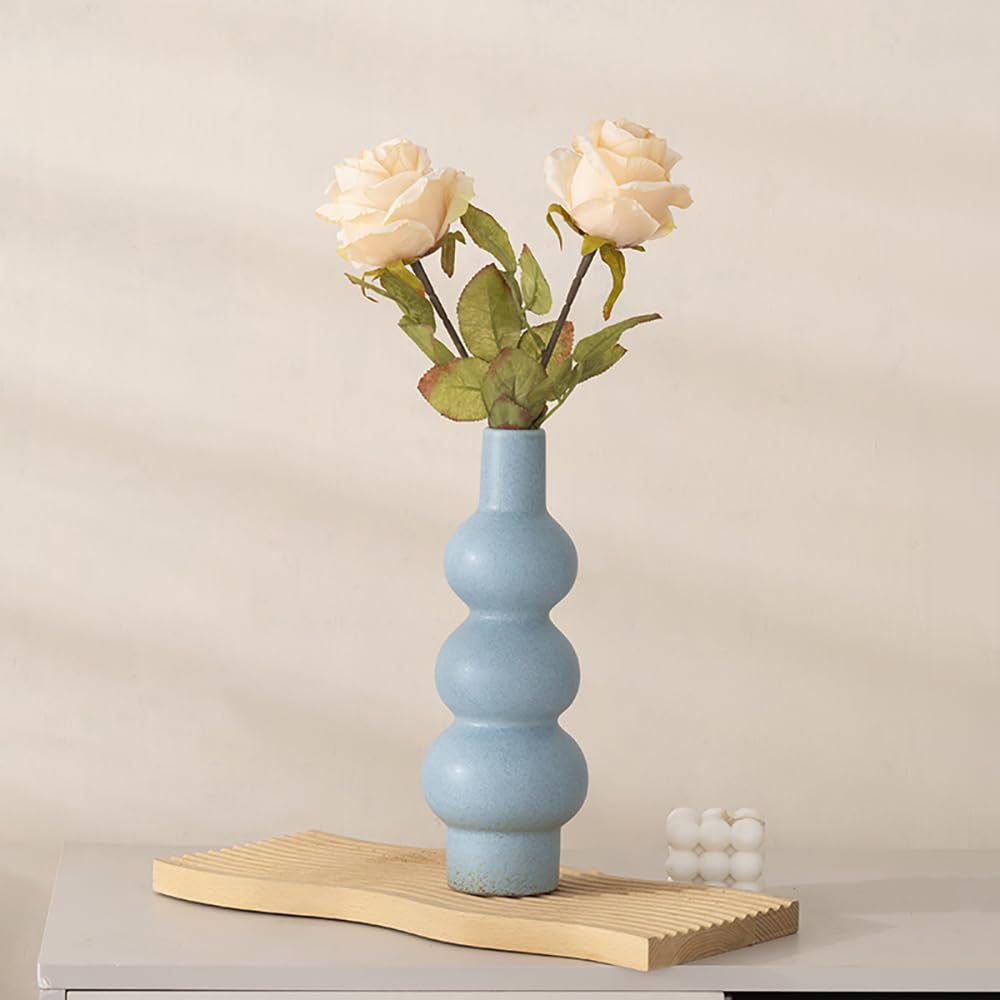 Tmtior 11" Matte Blue Ceramic Vase, Textured Bubble Stacked Ball Flower Vase for Modern Nordic Home Decor, Geometric Porcelain Vases for Bookshelf, Coffee Table, Mantel, Boho Aesthetic Gift