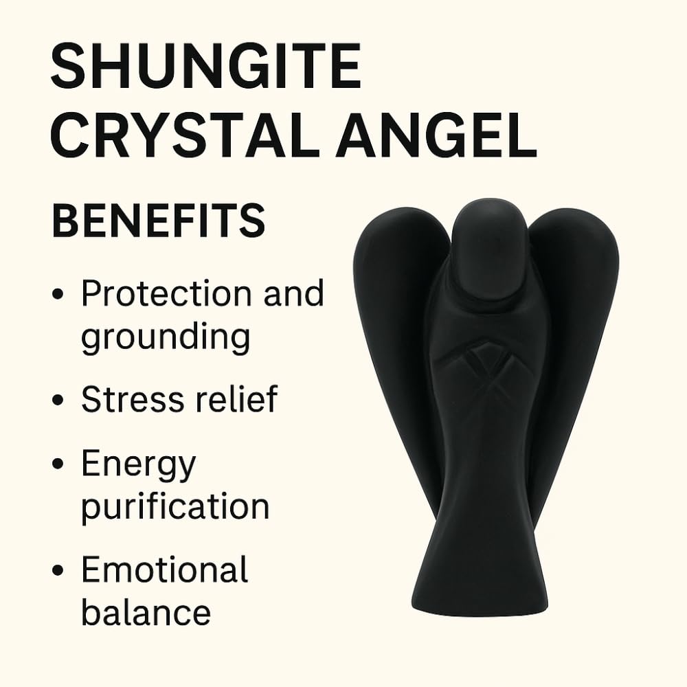ANAYA AGATE Shungite Angel Statue 2" Certified Gemstone Guardian Angel Natural Crystal Angel Hand-Carved Angel Charms for Protection, Stress Reduction, Positive Energy Crystal Figurines Décor