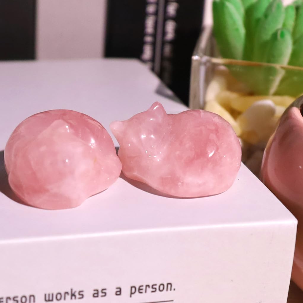 QINJIEJIE Rose Quartz Cat Figurine Natural Stone Statue Healing Crystals Gift Gemstone Sculpture Room Home Desk Lucky Decoration Gifts for Women