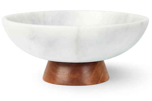 UMAID White Marble Decorative Bowl with Wood Pedestal – 10" Handcrafted Marble Centerpiece, Fruit Bowl, Coffee Table Decor & Entryway Catch All – Elegant Fathers Day Gift for Dad