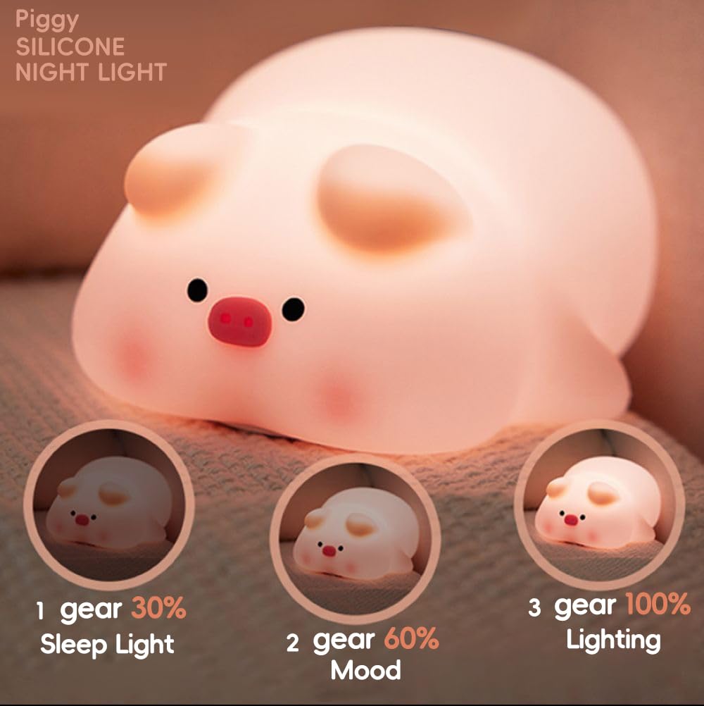 KRE MANPHI Cute Pig Night Light Silicone, Squishy Piggy Night Lamp,Kids Room Decor Atmosphere Nightlight, Baby Nursing Bedside Touch Lamp, Rechargeable and Dimmable LED Night Light，Piggy Gifts.