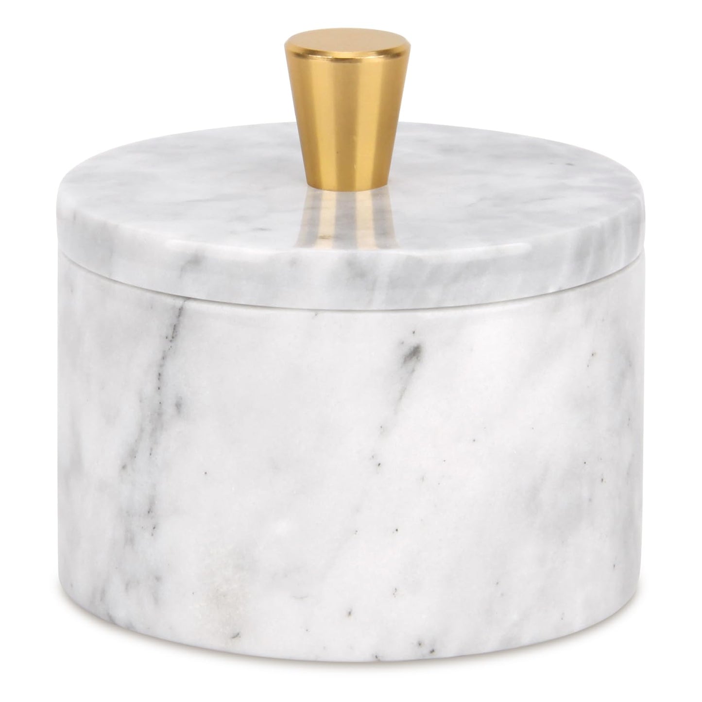 Stonemanus Marble Salt Cellar with Lid, 4 inch Natural Stone Salt Pepper Box, Alloy Lid for Kitchen Countertop Storage (White Grey, 4 * 3.5)