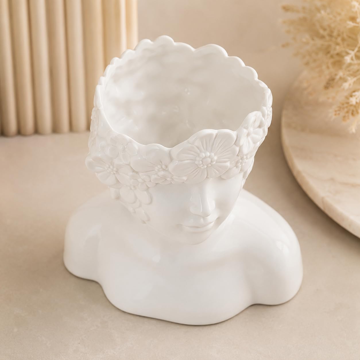 White Flower Vase,Face Vase Bust Head Shaped Ceramics Statue,Suitable for Birthday Gifts Home Office Decoration (Charming vase)