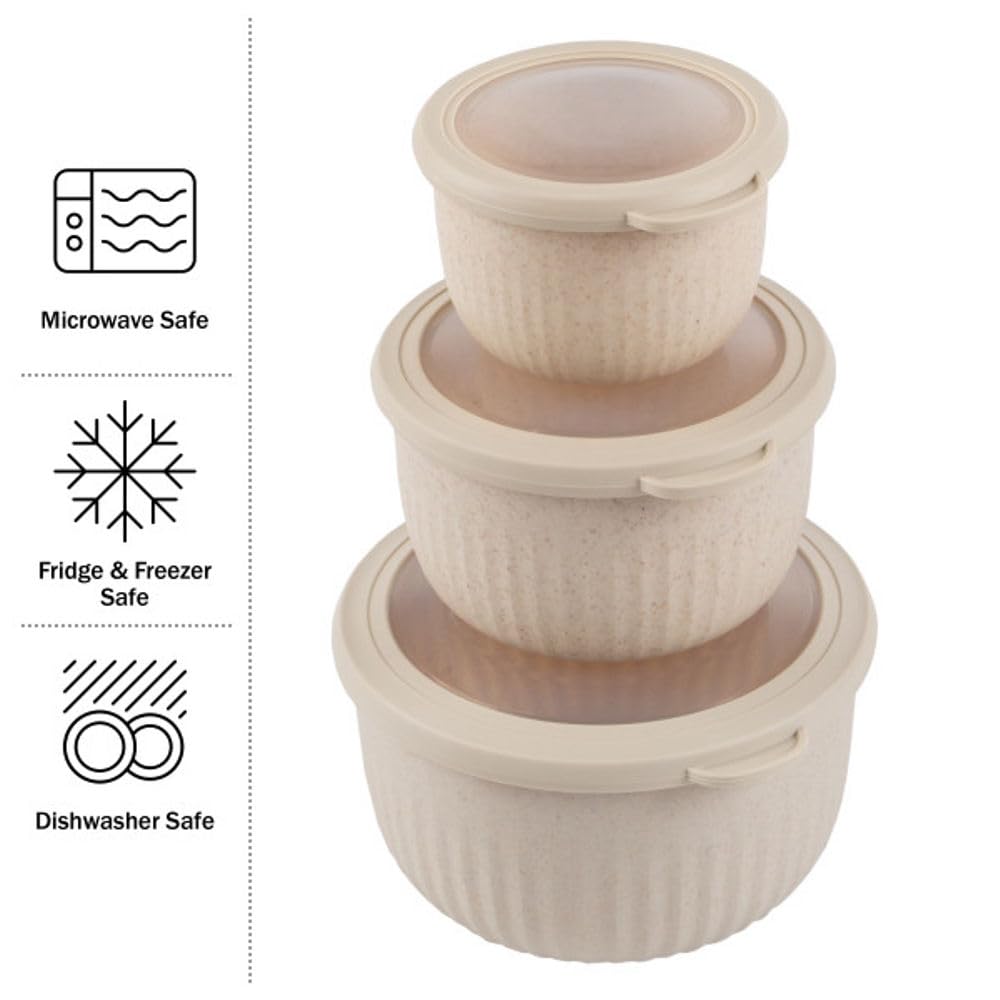 Set of 3 Bowls with Lids - Microwave, Freezer, and Fridge Safe Nesting Mixing Bowls - Eco-Conscious Kitchen Essentials by Classic Cuisine (Beige), S, M, L