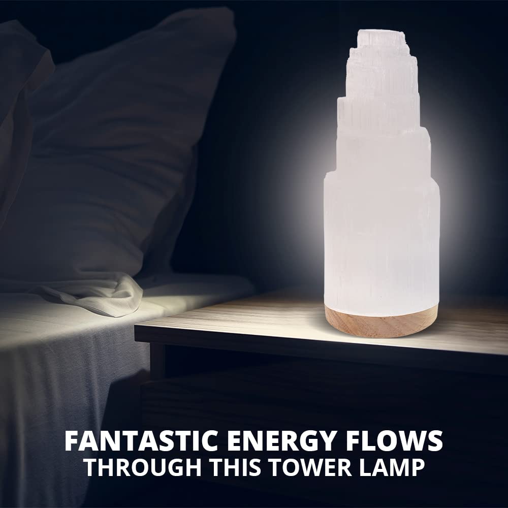 Himalayan Glow Crystal Lamp Authentic Handmade Moroccan Selenite with Wooden Base & USB Cable (ETL Certified), Ideal Gift Choice, 20cm, White