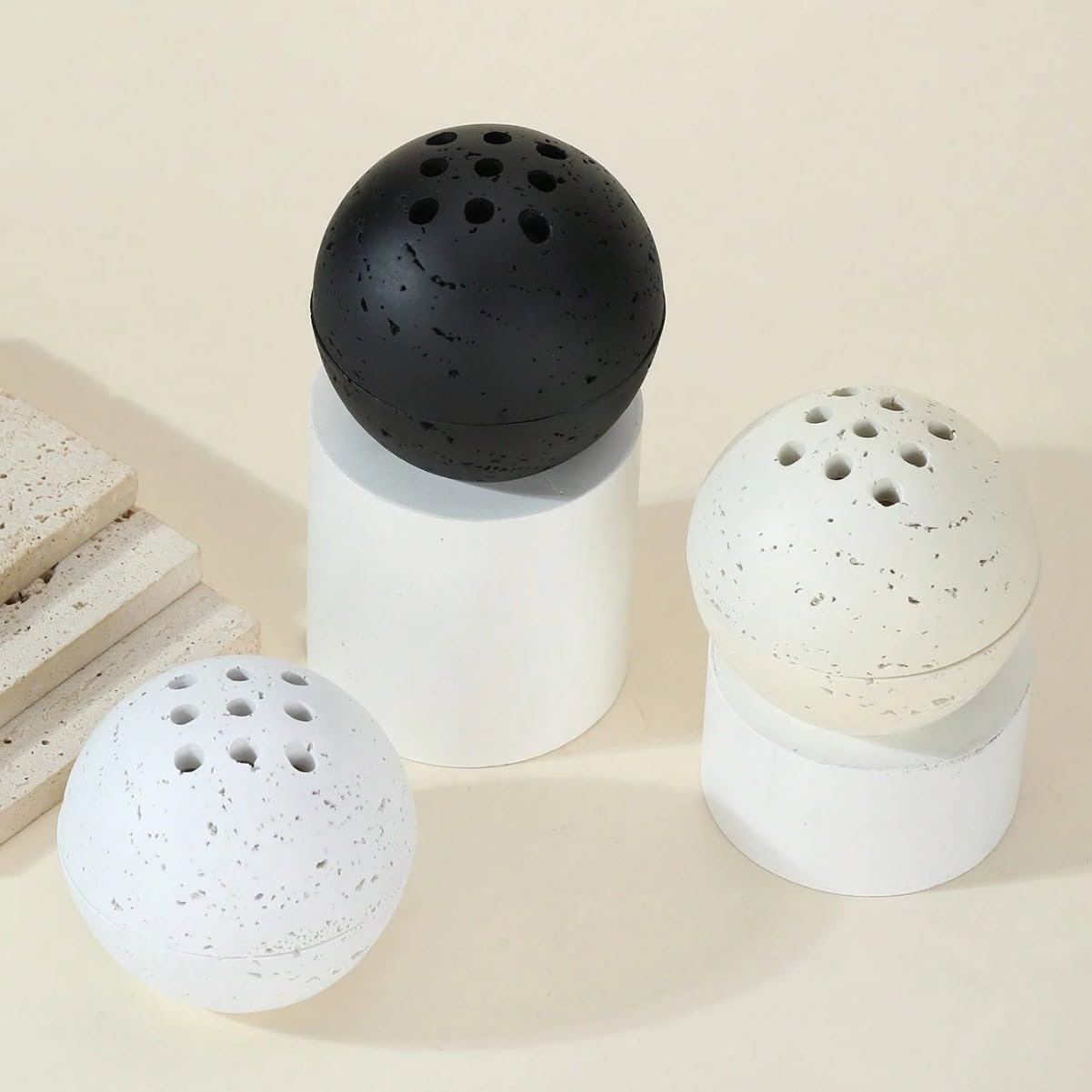 HUZHIBING 9 Holes Handmade Round Incense Resin Burner Holde, Minimalist Sphere Incense Frankincense Burner, Ravertine Incense Cone Holder for Yoga Meditation Spa Reading (Black)