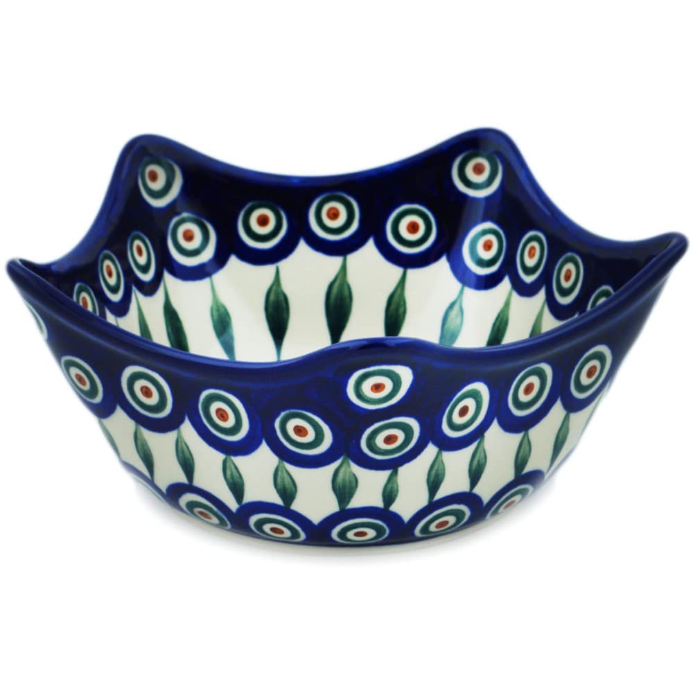 Polmedia Polish Pottery Star Shaped Bowl 7-inch - Peacock Leaves Pattern Handmade in Boleslawiec Poland by Ceramika Artystyczna + Certificate of Authenticity