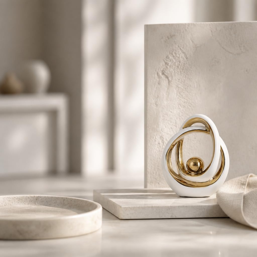 DOVDOV White and Gold Ceramic Abstract Sculpture, Modern Tabletop Statue for Living Room Decor, Decorative Accent for Coffee Table, TV Stand, Mantel, Entryway Console