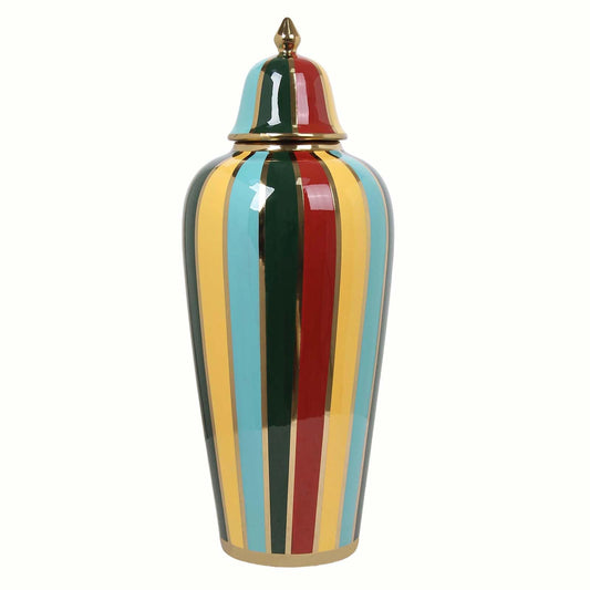 Large Ceramic Ginger jar with Gold Trim, 17.7" Decorative Vases for Home Decor, Porcelain Temple Jar with Rainbow Stripes Pattern, Idea for Living Room, Kitchen, Wedding, Centerpiece & Shelf Decor