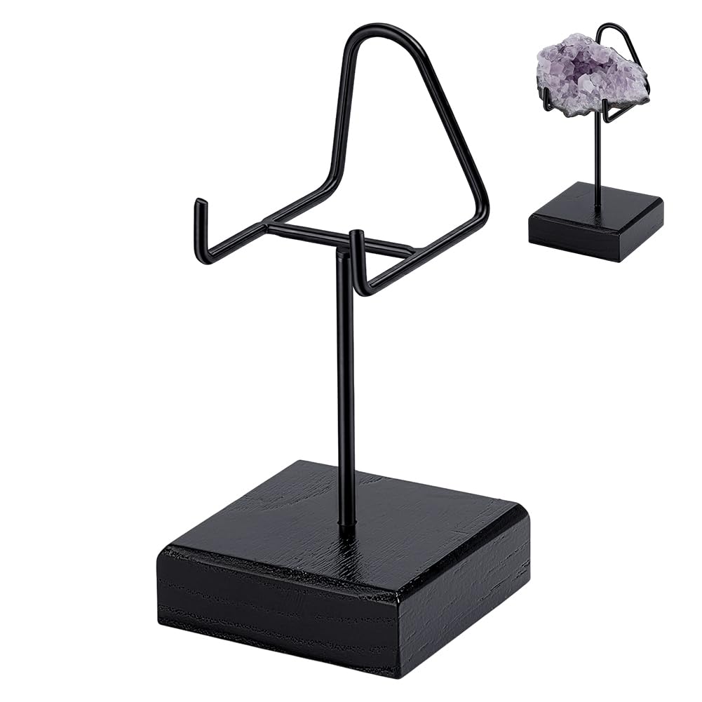 AHANDMAKER Wood Display Stand with Metal Arms Small Easel with Base for Shark Tooth Mineral Agate Rocks Crystal Gemstones Fossils Coral Geodes Display Home Office Christmas Decoration, Black 2x2x4in