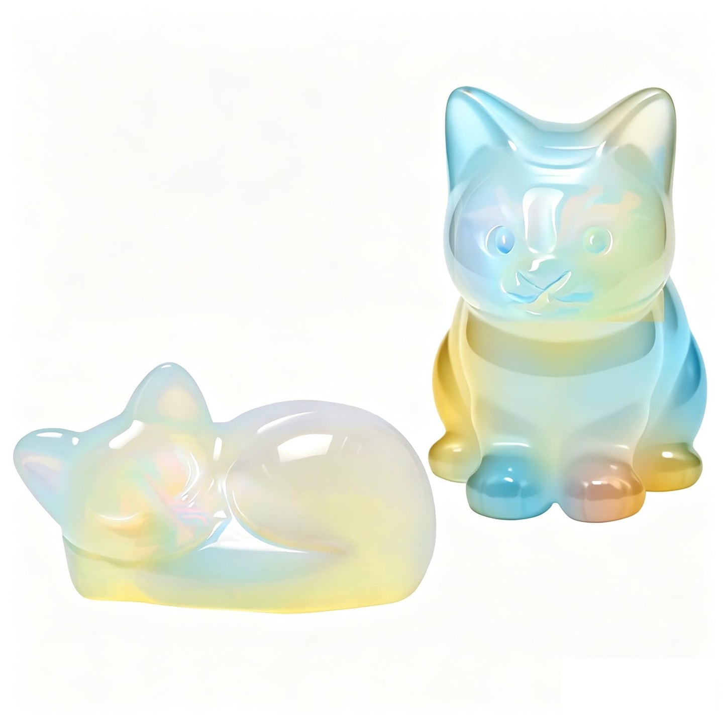 LIDSCURA 2 PCS Blue Opal Moonstone Cat Figurines Set, Sitting & Lying Crystal Cat Statues, Natural Stone Home Office Desk Decor, Gift for Cat Lovers (Includes Gift Box)