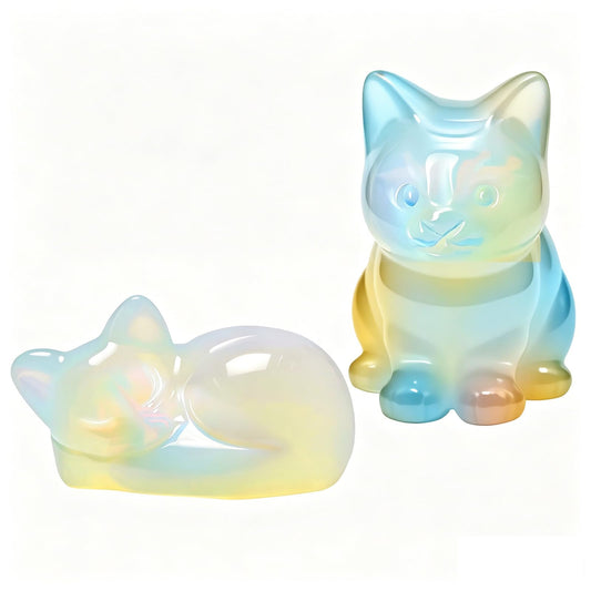 LIDSCURA 2 PCS Blue Opal Moonstone Cat Figurines Set, Sitting & Lying Crystal Cat Statues, Natural Stone Home Office Desk Decor, Gift for Cat Lovers (Includes Gift Box)