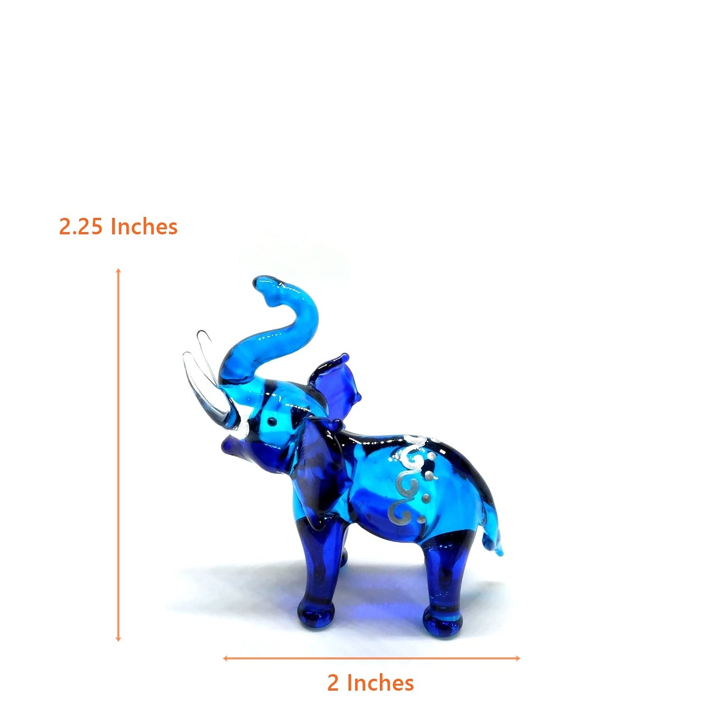 Handmade Mini 2.25" Blue Elephant Figures with Thai Art Blown Glass Art, Collectible Figurines Gift Ideas, Miniature Wild Animals, Tiny Ornament Cool Stuff Decor No.8