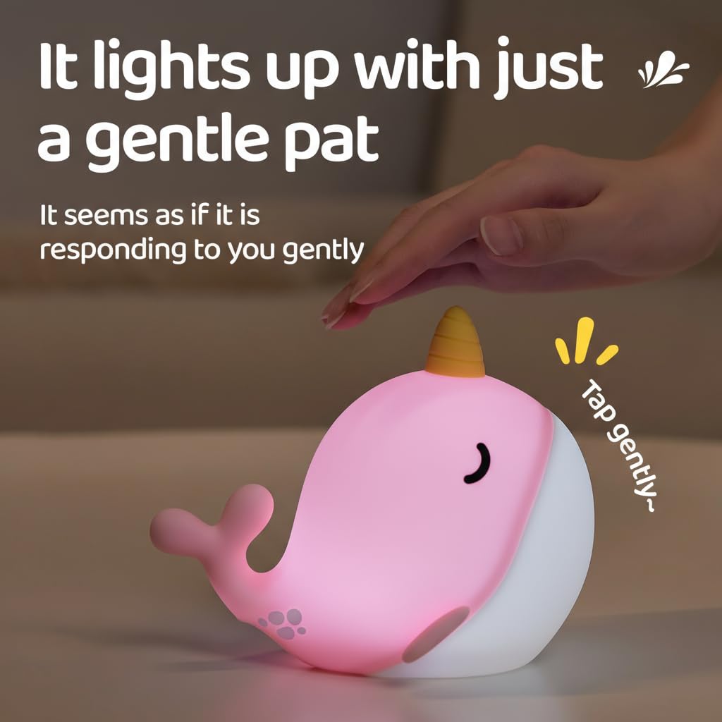 faralite Cute Whale Night Lights, Soft Narwhal Silicone LED Night Lamp, Rechargeable Nursery Lamp with 3-Level Dimmable, 30mins Auto-Off, Lovely Room Decor for Bedside, Bedroom(White Light)