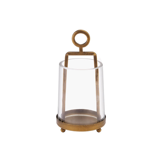 Twakutwaku 3.3" Wide Modern Farmhouse Metal Hurricane Candle Holder with Handmade Sturdy Glass Sleeve in Antique Brass for Pillar Candle & Plants, Glass Hurricane Lantern, Industrial, Minimalistic