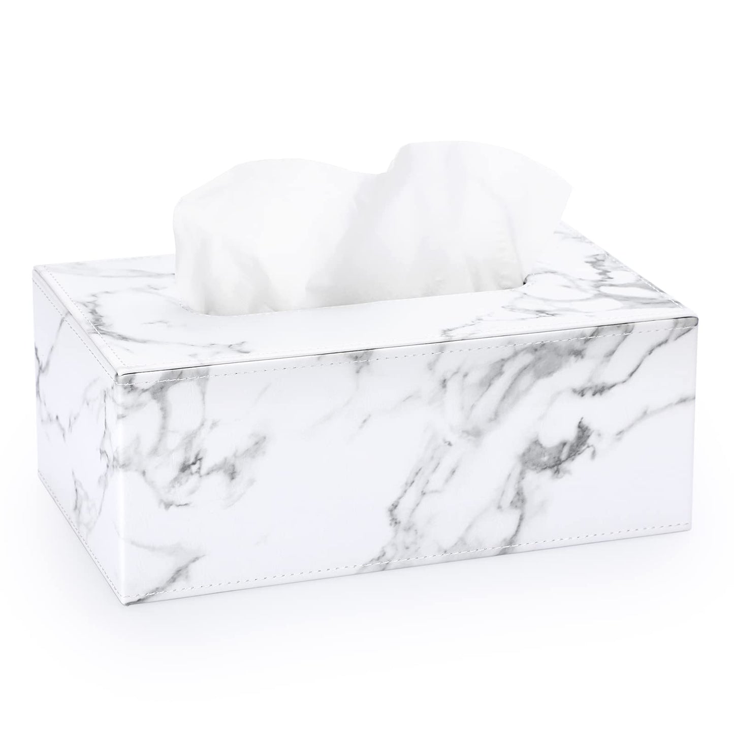 Sumnacon Rectangular Leather Tissue Box Cover - Stylish Tissue Box Holder with Magnetic Bottom, Decorative PU Tissue Box for Vanity Dresser Night Stand Table Countertop Home Office Car, Marble White