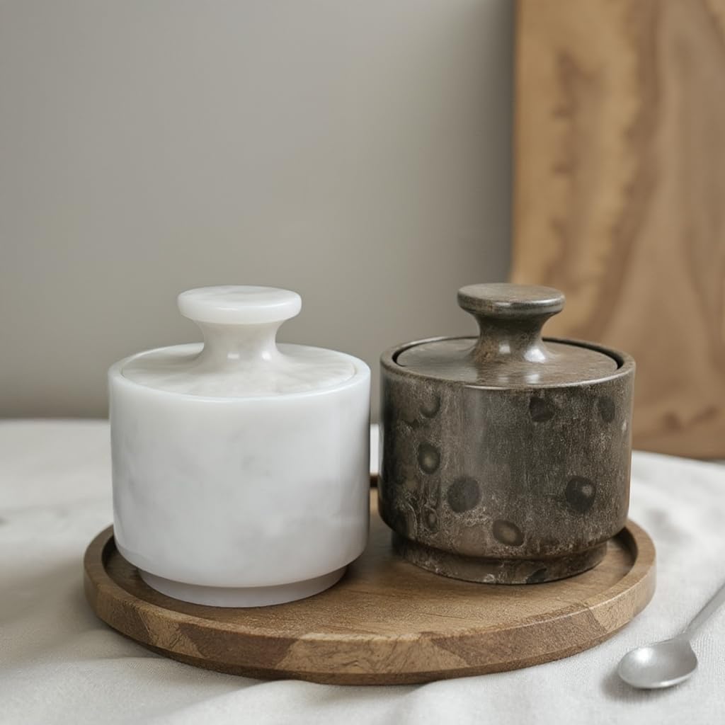 Handcrafted Marble Salt Cellar Set of 2 with Lids | Natural Stone Bowls for Sea Salt, Spices & Herbs | Elegant Kitchen & Dining Room Decor | Multipurpose Pinch Pot with Felt Base (White & Oceanic)