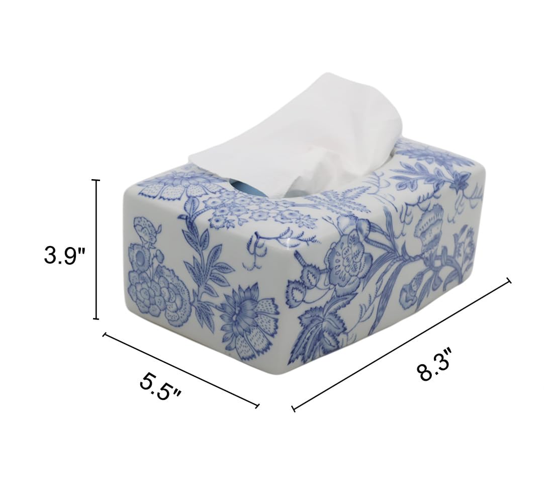 Ceramic Rectangular Tissue Box Cover Holder, Durable Healthy Ecofriendly Decorative Tissue Box Case Organizer Holder for Vanity Toilet Tank Dresser Night Stand Table Countertop，Blue and White A