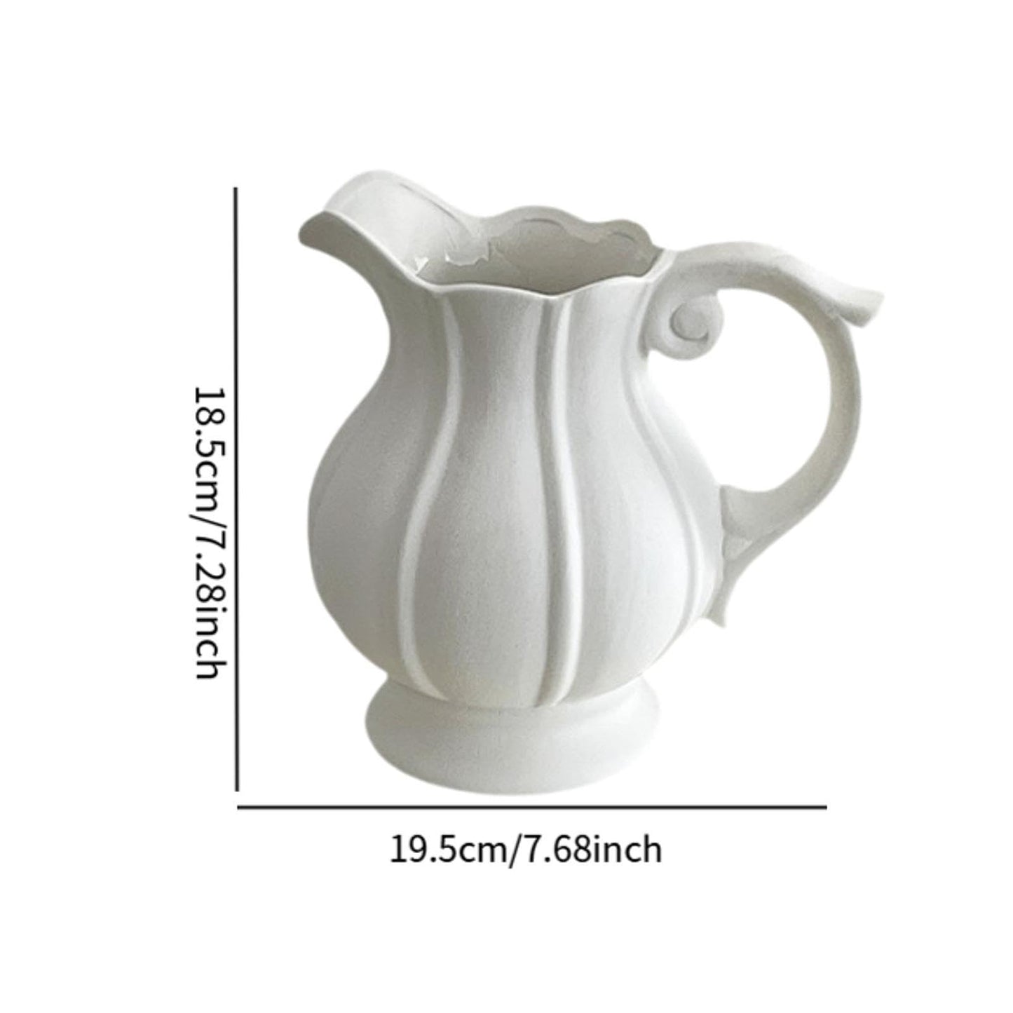 White Ceramic Pitcher vase with Handle – a Small Farmhouse Table Centerpiece for Fresh Flowers on Coffee Table, Desk, or Dining Room,About 7 and a Half inches Tall and Wide