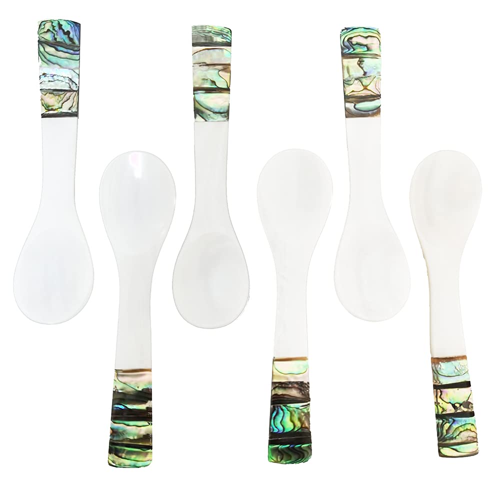 i-lan 6pcs White Mother of Pearl Spoons,Well Polished Inlaid Seashell MOP Teaspoons,Stirring Spoons Utensils with Green Decorative Pattern Handle for Caviar,Egg,Ice cream,Coffee Serving, 4 x 1 inch