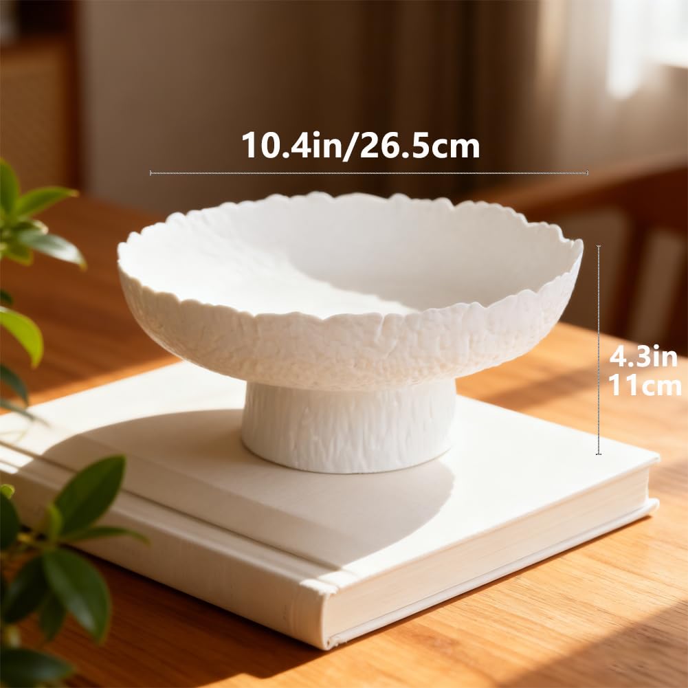 XIYOUQI 10.4” Large White Decorative Bowl, White Pedestal Bowl, Glass Decorative Bowls, Modern Fruit Bowl for Home Decor, Key Bowl, Candy Bowls, Smudge Bowls, Coffee Tables Centerpiece