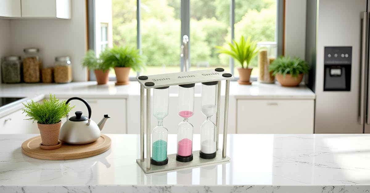 Small 3-in-1 Sand Timer, 3 inch Hourglass with Brushed Stainless Steel Frame, 3 4 5 Minute Kitchen Tea Coffee Cooking Timer, Desk Productivity Tool & Decorative Office Gift Family or Friends Present