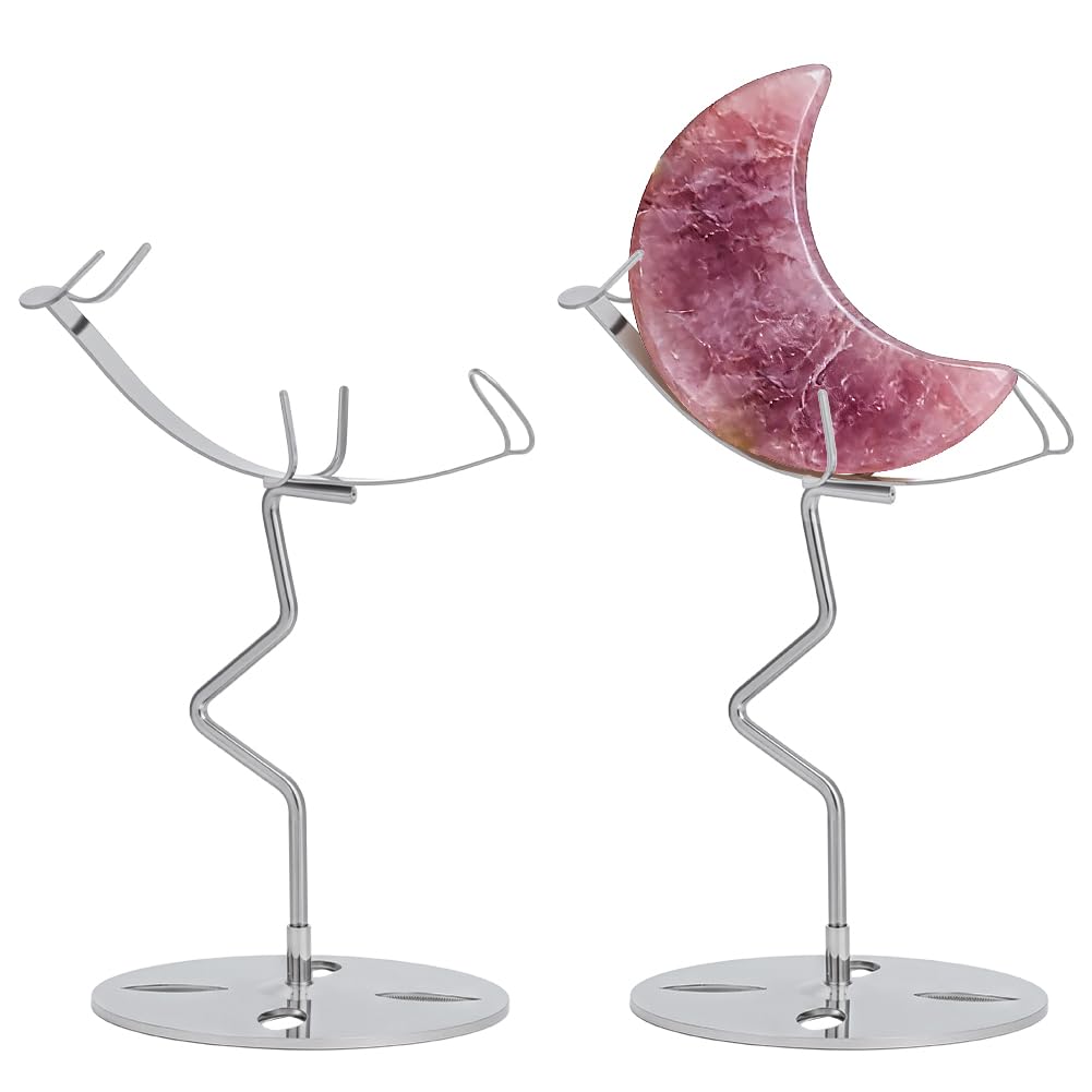 NBEADS 2 Sets Crystal Display Holder, 3.1x5.3 Inch Moon Shaped Small Rock Display Stand Sphere Display Holder for Gemstones Geodes Mineral Agate Home Office Decor, Platinum